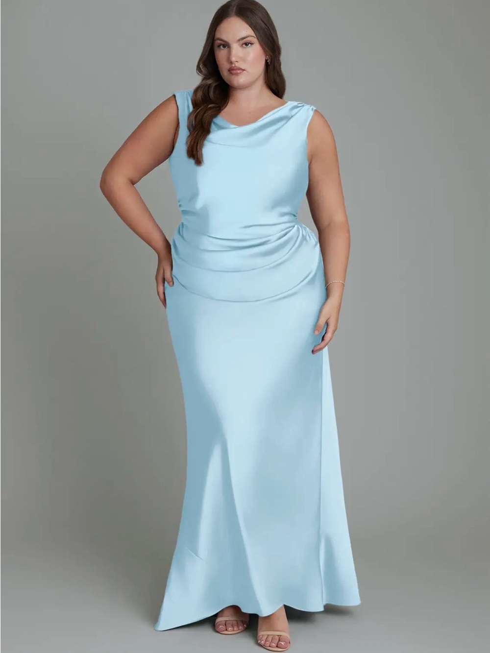 Azazie Kieryn Sky Blue Satin Bridesmaid Maxi Dress A22 NWT